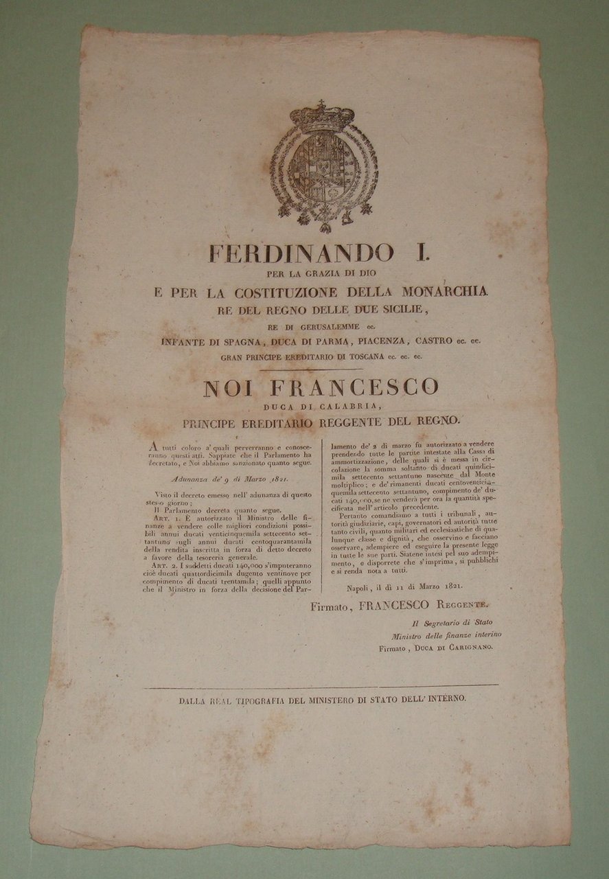 Decreto pubblicato a Napoli l’11 Marzo 1821.