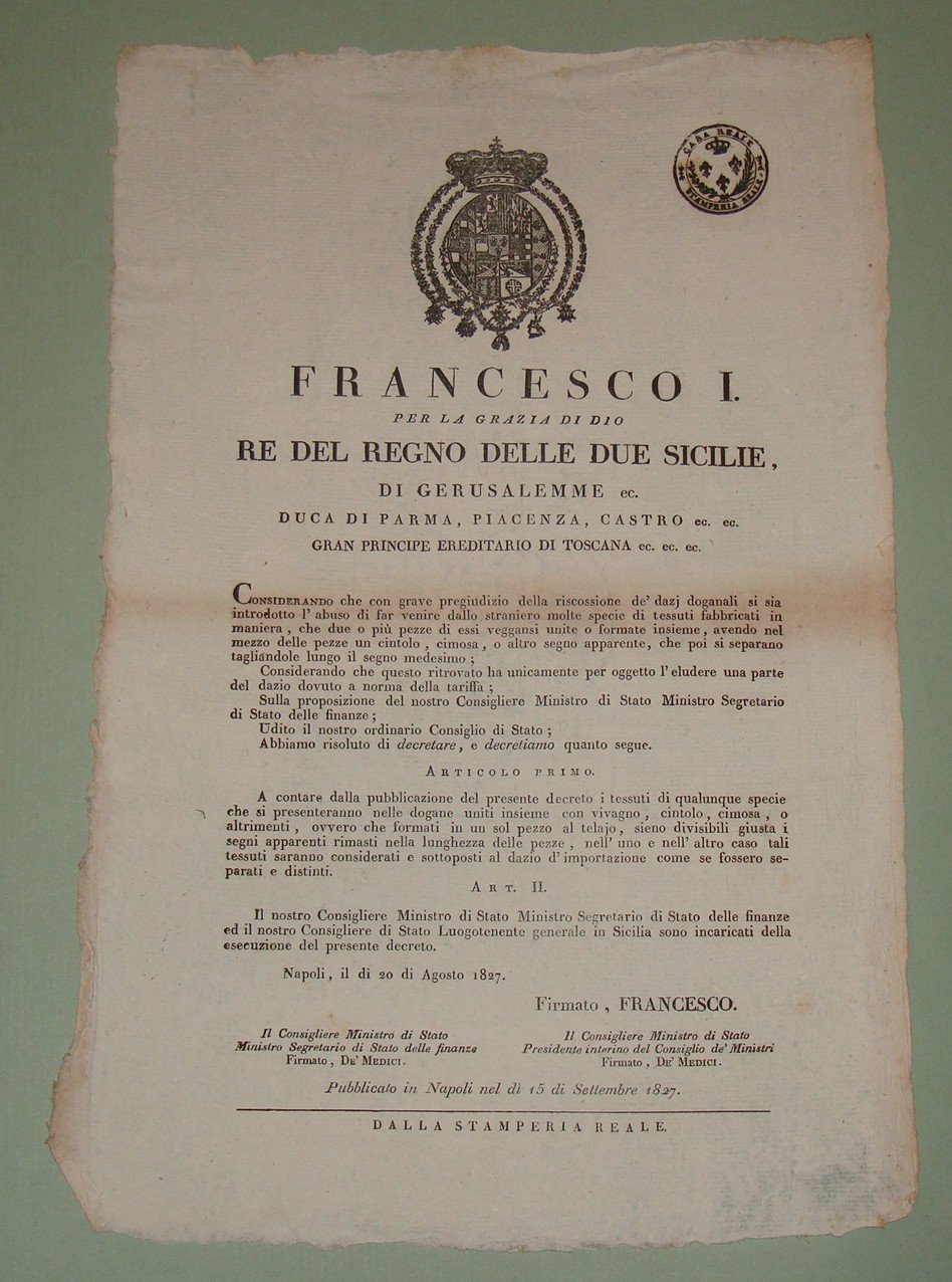 Decreto pubblicato a Napoli il 15 settembre 1827.