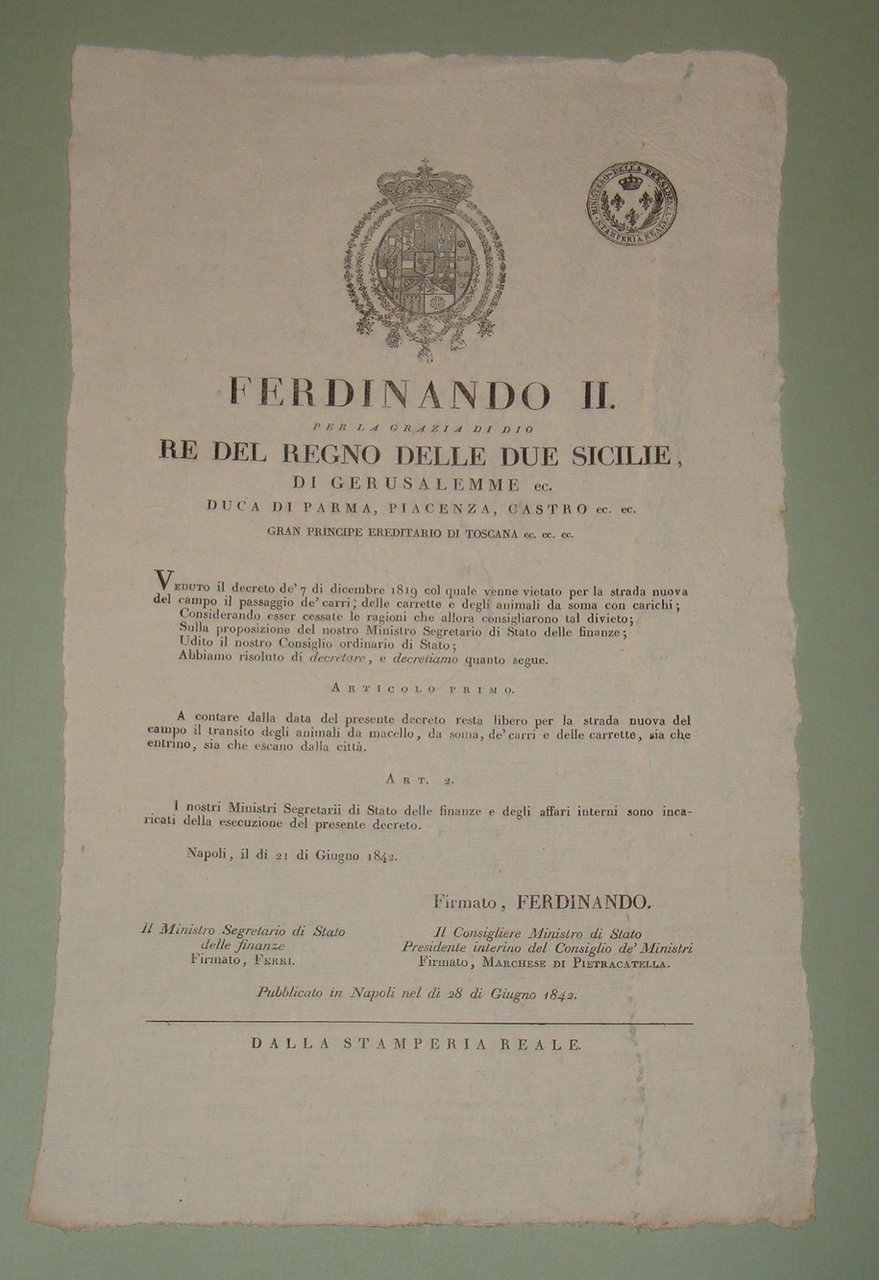 Decreto pubblicato a Napoli il 28 giugno 1842.