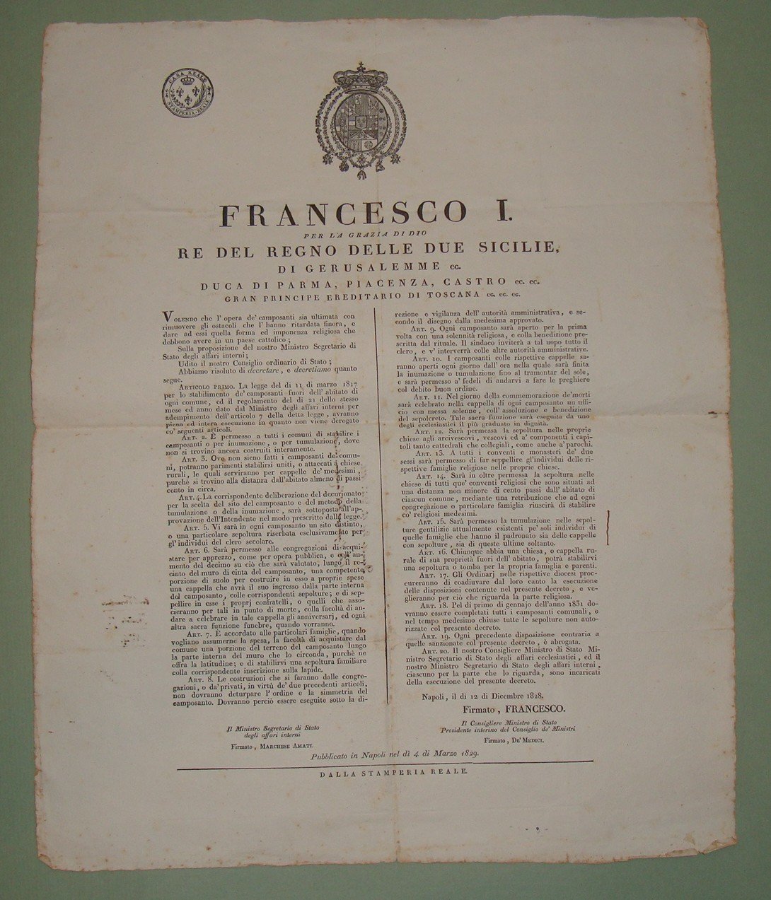 Decreto pubblicato a Napoli il 4 marzo 1829.