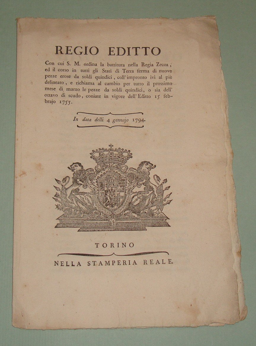 Regio Editto delli 4 gennajo 1794.