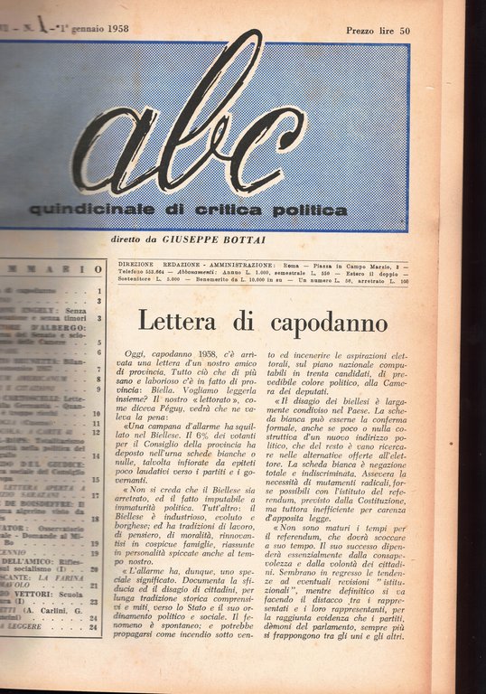 Abc, quindicinale di critica politica. Diretto da Giuseppe Bottai.