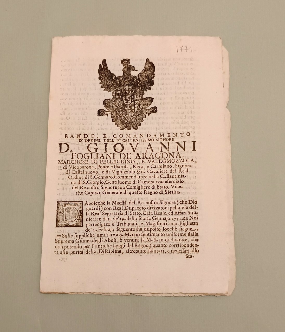 Bando e Comandamento d’ordine di D.Giovanni Fogliani de Aragona Vicerè … | Immagine principale