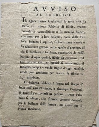 Avviso al Pubblico. Fabbrica di fibbie del Settecento. Il signor …