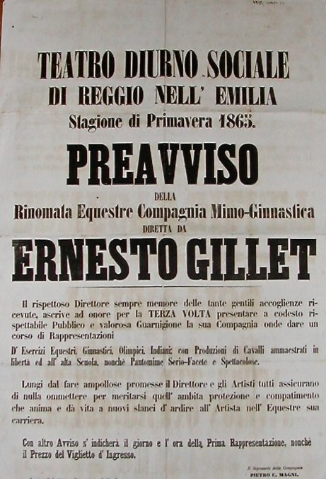 Compagnia Equestre Mimo Ginnastica Ernesto Gillet. Grande manifesto stampato a Reggio Emilia per il Torreggiani nel 1865.