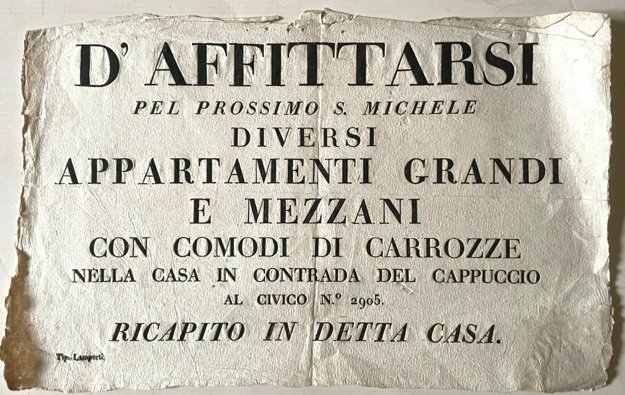 D’affittarsi pel prossimo S. Michele diversi appartamenti grandi e mezzani …