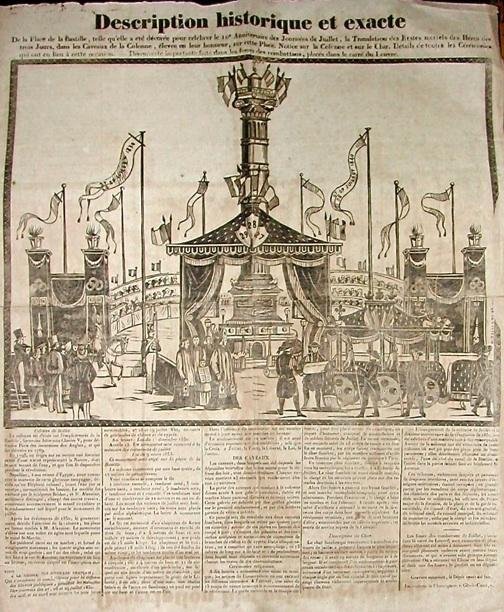 Description historique et exacte de la Place de la Bastille, telle quelle à été décorée pour célébrer le 10 Anniversaire des Journées de Juillet, la Traslation des Restes mortele des Héros des trois jours, dans les caveaux de la Colonne , élevée en leur honneur, sur cette place. Notice sur la Colonne et sur le Char. Details de toutes les Cérémonies qui ont eu lieu à cette occasion. Decouverte importante faite dans les fosses des combattans, places dans le carré du Louvre.