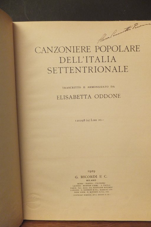 CANZONIERE POPOLARE DELL'ITALIA SETTENTRIONALE ELISABETTA ODDONE