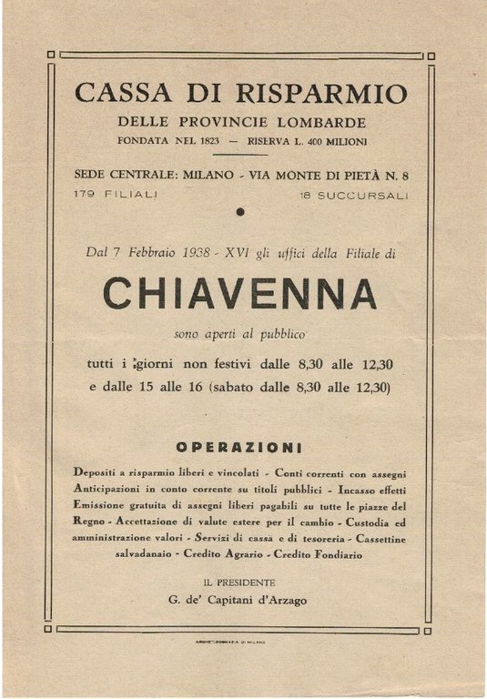 Libretto di credito verso la cassa di risparmio in Chiavenna