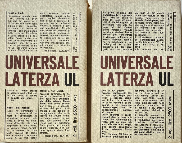 ENCICLOPEDIA DELLE SCIENZE FILOSOFICHE IN COMPENDIO. (COMPLETA VOLUMI 1-2)