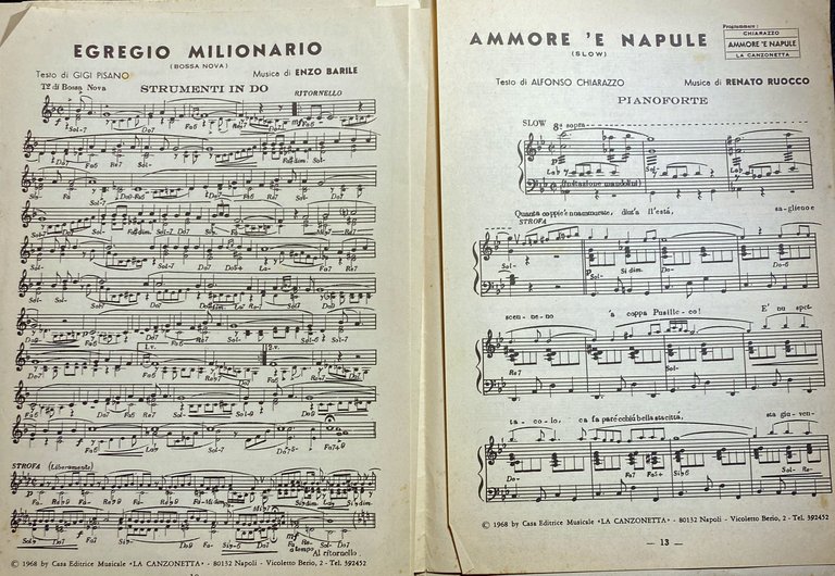 XVI FESTIVAL NAPOLETANO. 'AMMORE E NAPULE, EGREGIO MILIONARIO (SPARTITI MUSICALI)