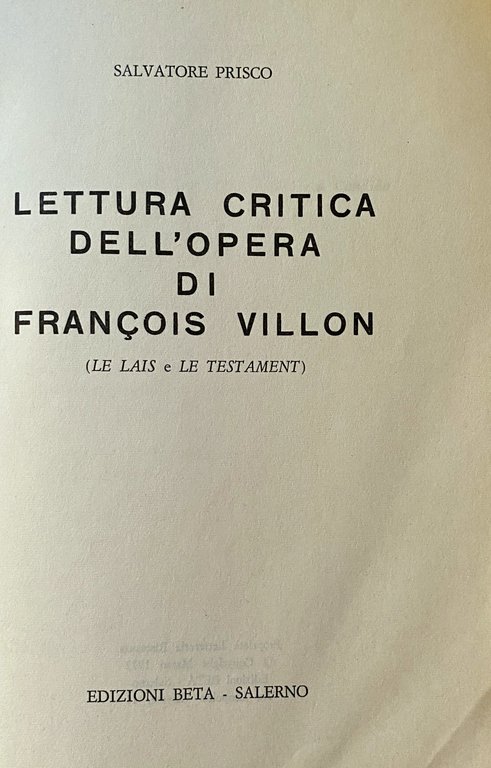 LETTURA CRITICA DELL'OPERA DI FRANÇOIS VILLON (LE LAIS E LE …