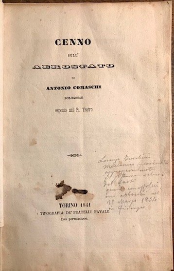 Cenno sull’aerostato di Antonio Comaschi bolognese esposto nel R. Teatro