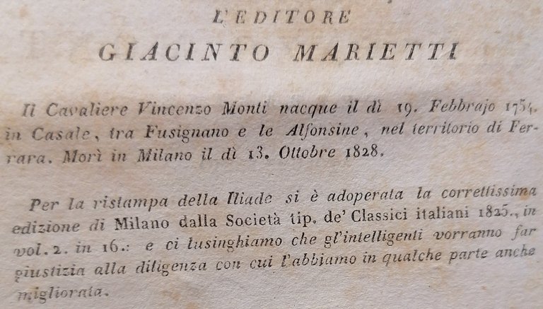 Dell' Iliade di Omero, tradotta dal cavaliere Vincenzo Monti ferrarese.