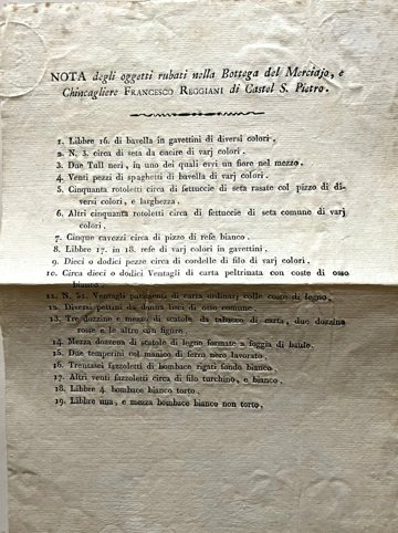 Nota degli oggetti rubati nella Bottega del Merciajo e Chincagliere …