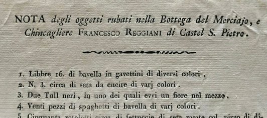 Nota degli oggetti rubati nella Bottega del Merciajo e Chincagliere …