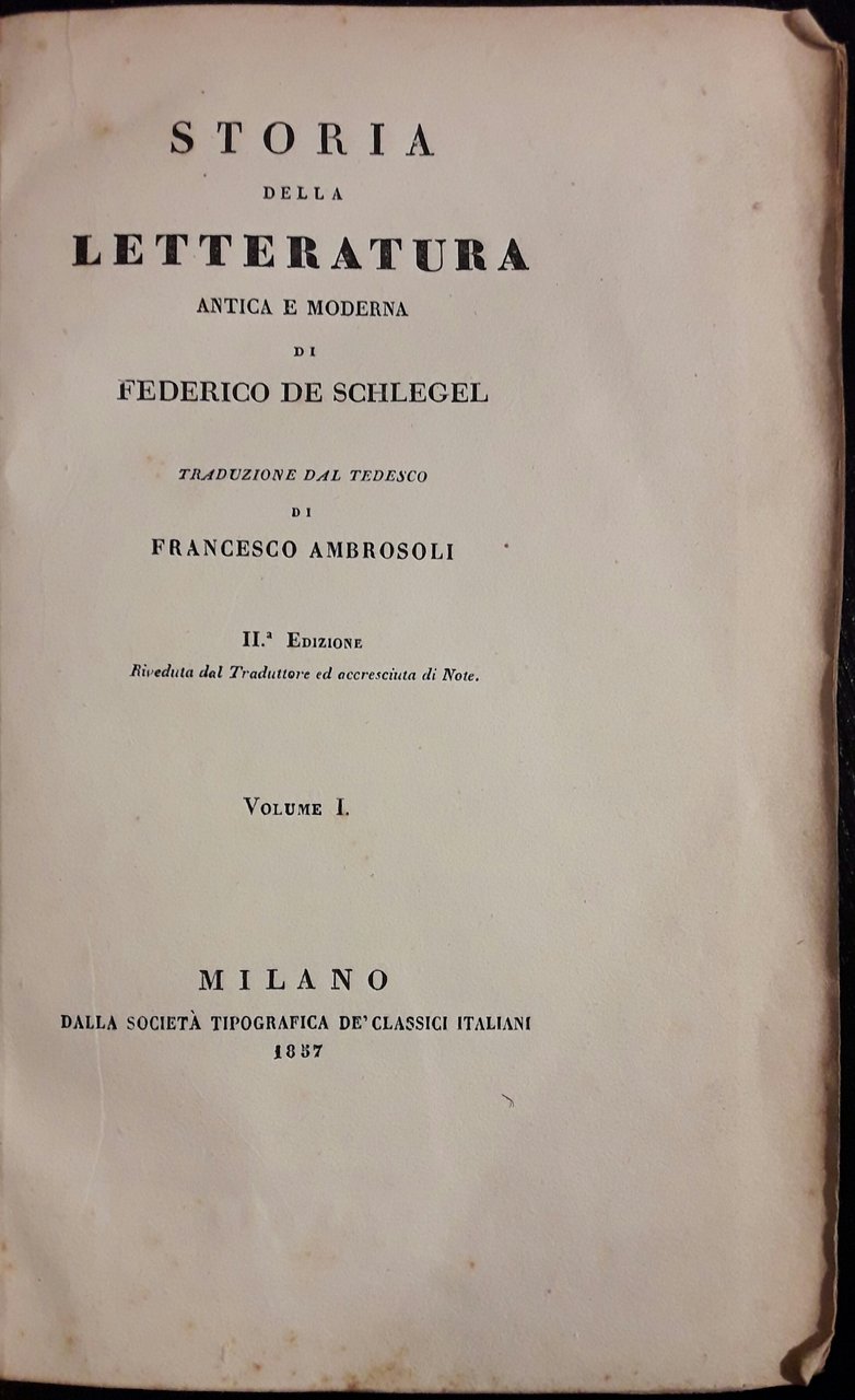 Storia della Letteratura antica e moderna. Traduzione di Francesco Ambrosoli