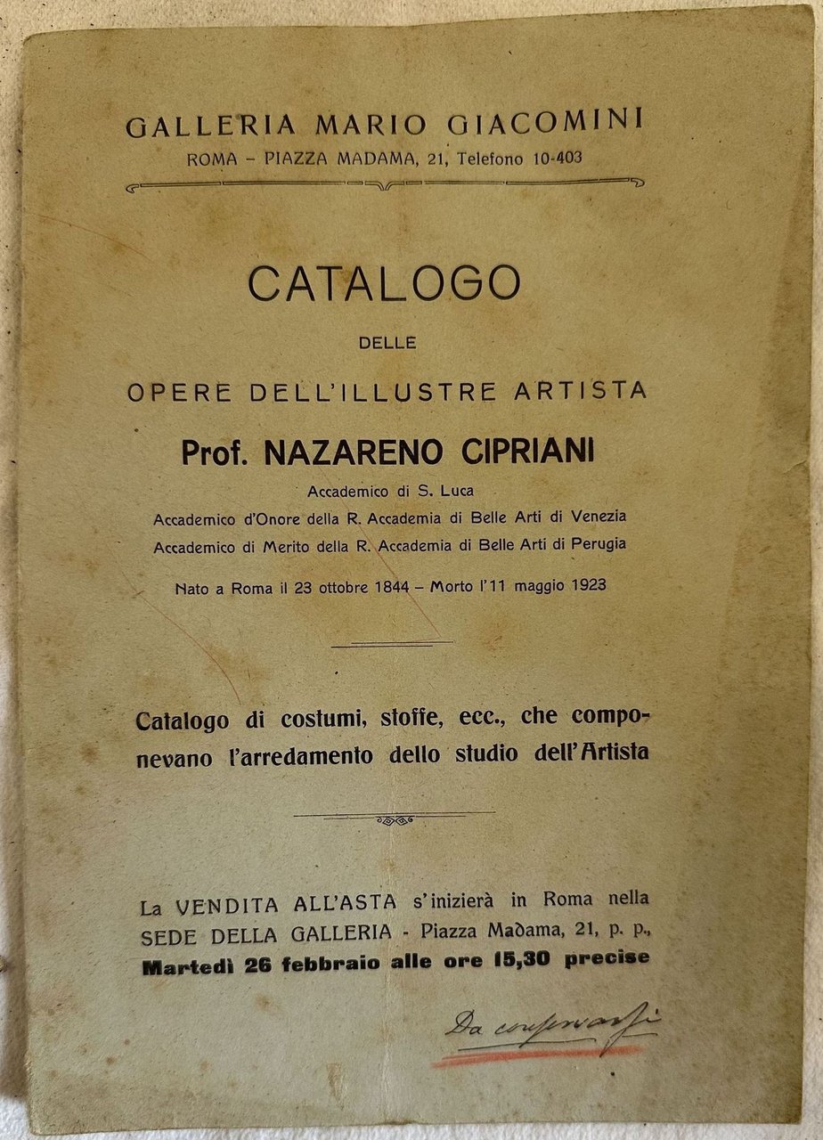 CATALOGO DELLE OPERE DELL'ILLUSTRE ARTISTA PROF. NAZARENO CIPRIANI ACCADEMICO DI …