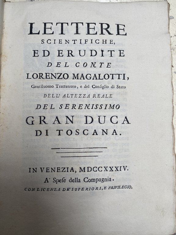 Lettere scientifiche ed erudite del conte Lorenzo Magalotti gentiluomo trattenuto …