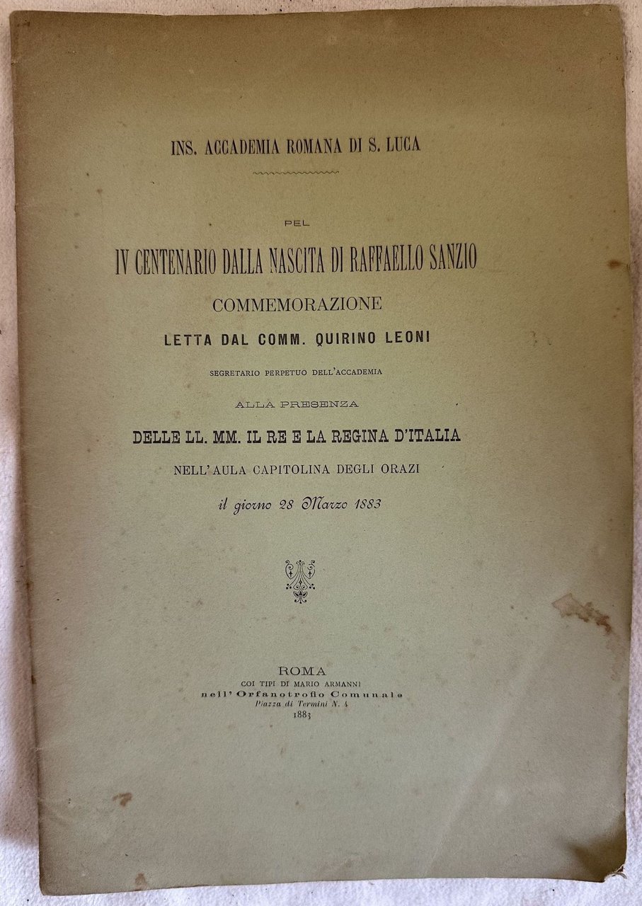 PEL IV CENTENARIO DALLA NASCITA DI RAFFAELLO SANZIO COMMEMORAZIONE LETTA …