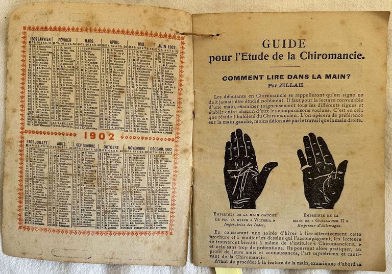 CALENDRIER 1902 GUIDE POUR L'ETUDE DE LA CHIROMANCIE PAR ZILLAH …